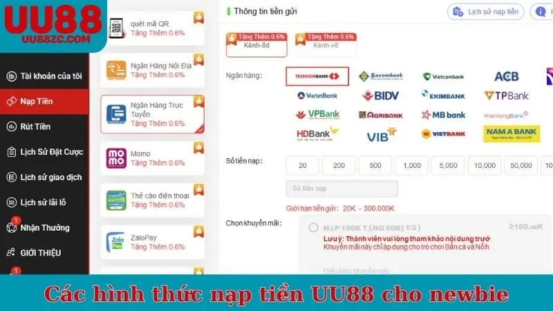 Các hình thức nạp tiền UU88 cho newbie