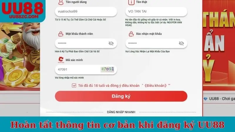 Hoàn tất thông tin cơ bản khi đăng ký UU88